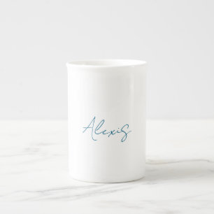 Caneca De Porcelana Caligrafia Nome Script Simples Branco Azul