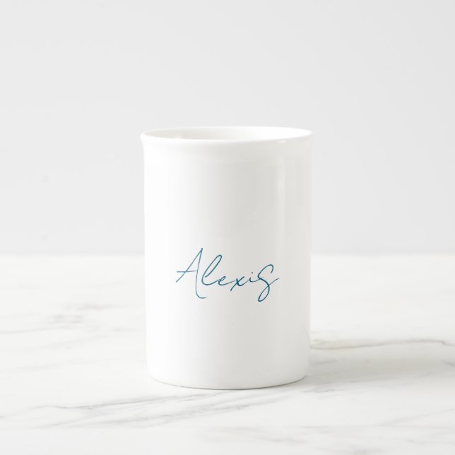 Caneca De Porcelana Caligrafia Nome Script Simples Branco Azul (Frente)