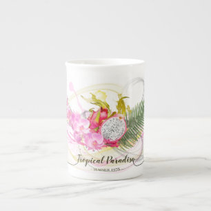 Caneca De Porcelana Caligrafia tropical de Frutas de dragões e orquí
