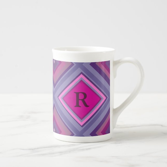 Caneca De Porcelana Camada de Padrão de Diamante Rosa Púrpura Inicial  (Direita)