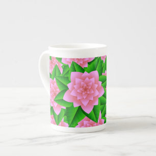Caneca De Porcelana Camélias Rosa Gelo e Folhas Verdes