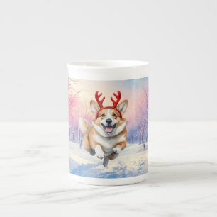 Caneca De Porcelana Canteiros de Corgi Reindeer de Natal saltando em n
