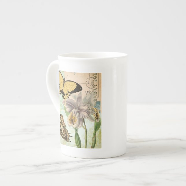 Caneca De Porcelana Cartão-postal com borboletas e flores (Frente Esquerda)