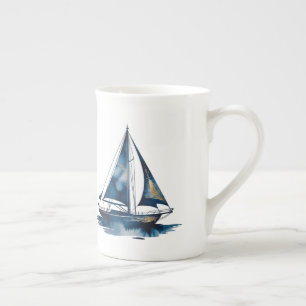 Caneca De Porcelana Casamento de Barco Náutico Dourado e Azul-Marinho