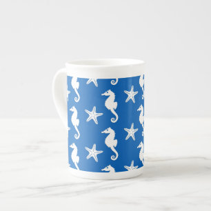 Caneca De Porcelana Cavalo-da-costa e estrelas-do-mar - branco em azul