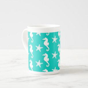 Caneca De Porcelana Cavalo e estrela do mar - branco em turquesa