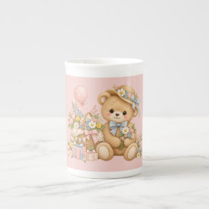 Caneca De Porcelana Celebração do Urso de Pelúcia Vintage com Flores S