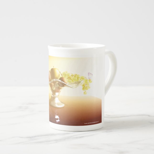 Caneca De Porcelana Cesto de vidro com frutas e borboleta (Frente Esquerda)