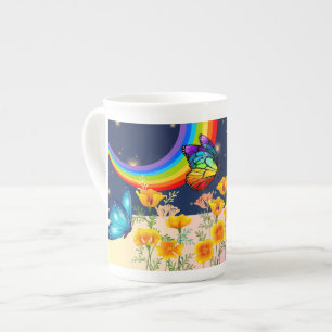 Caneca De Porcelana Céu noturno, arco-íris, borboletas e flores