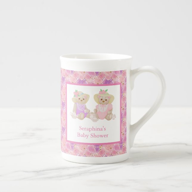 Caneca De Porcelana Chá de fraldas de festa do Urso Floral Rosa (Direita)