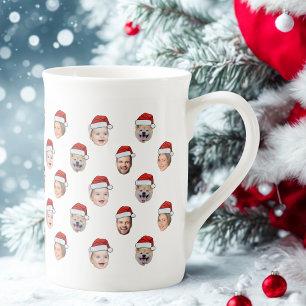 Caneca De Porcelana Chapéu de Papai Noel Rosto da Família Personalizad