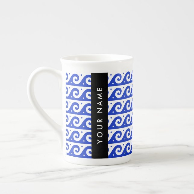 Caneca De Porcelana Chave Grega Meander, Chave Wave, Azul, Seu Nome (Esquerda)