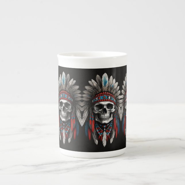 Caneca De Porcelana Chefe de Crânio Nativo Americano com Headdress (Frente)