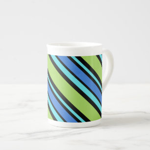 Caneca De Porcelana Chic Bone China Mug, Blue Moons Diagonal Strips