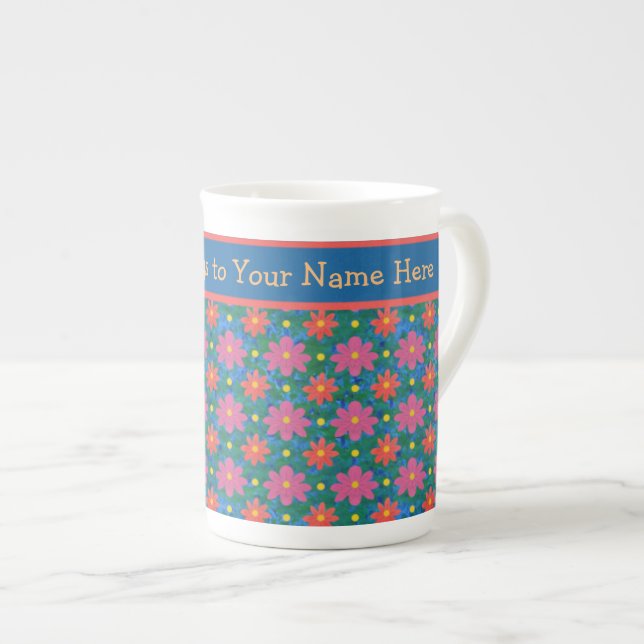 Caneca De Porcelana Chic Rangoli Floral Pattere e Bolinhas, Azul (Frente Esquerda)