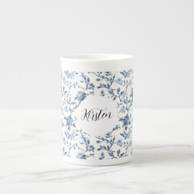 Caneca De Porcelana Chic White Blue Floral Bow (Frente)
