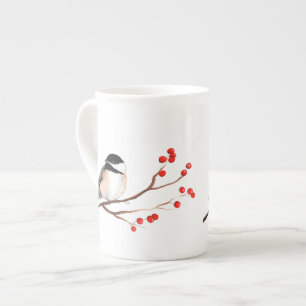 Caneca De Porcelana Chickadee com bagas vermelhas - único ramo