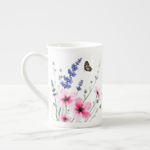 Caneca De Porcelana China Óssea - Mug - Flores Campo, Borboletas