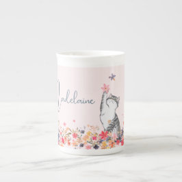 Caneca De Porcelana Chocolate Quente Quente, Rosa Floral, Gato