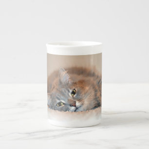 Caneca De Porcelana Cinzas, Tan, gato de cabelos compridos branco por