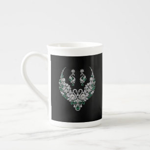 Caneca De Porcelana Cisnes de Cristal Esmeralda   Joias de Luxo