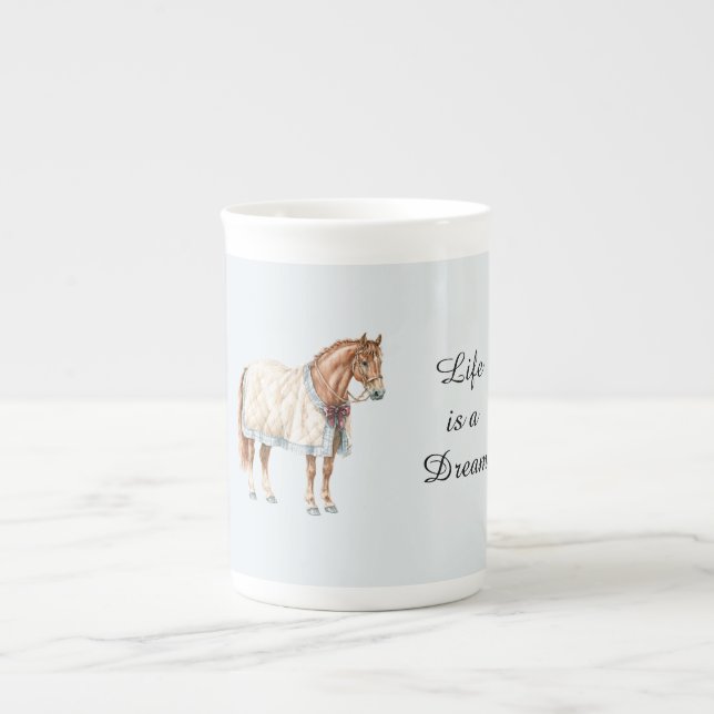 Caneca De Porcelana Cobertor Azul Branco de Cavalo (Frente)