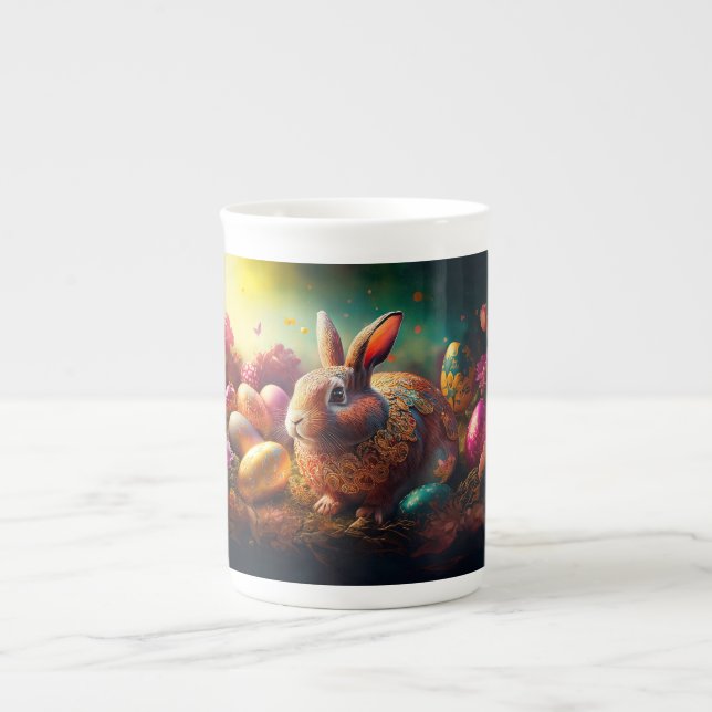 Caneca De Porcelana Coelho da Páscoa feliz com ovos de Páscoa (Frente)
