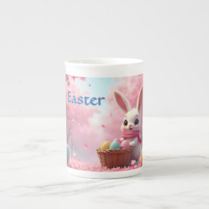 Caneca De Porcelana Coelho de Páscoa Fofo com Cesta de Ovos Coloridos