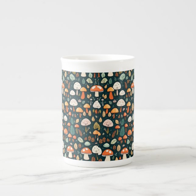 Caneca De Porcelana Cogumelos brancos folhas design (Frente)