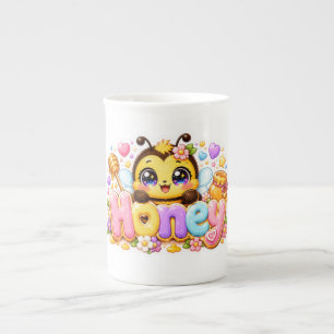 Caneca De Porcelana Cola Kawaii Abelha Mel Nome Pastel Rosa Brilhante
