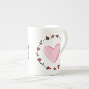 Caneca De Porcelana Cor d'água do coração rosa pintado com Dia de o