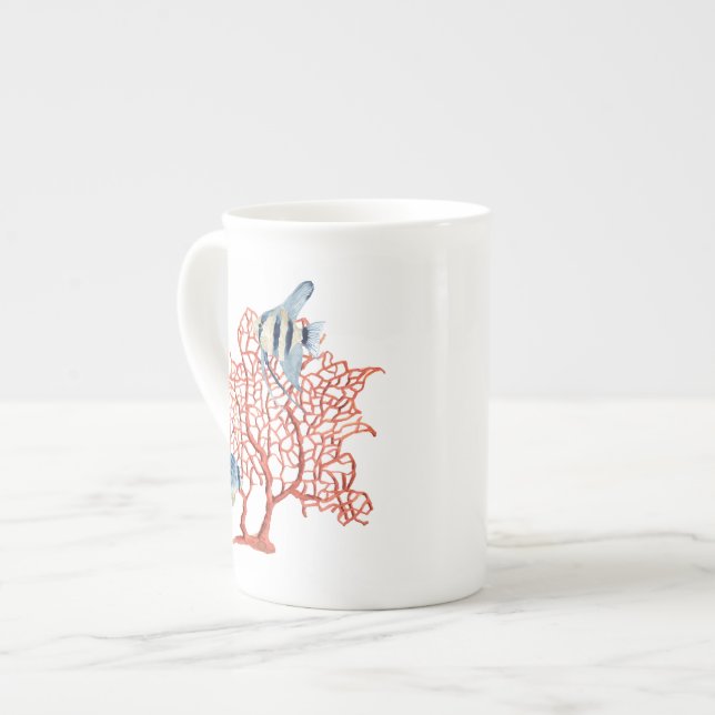 Caneca De Porcelana Coral vermelho com peixes tropicais, aguarela do (Frente Esquerda)