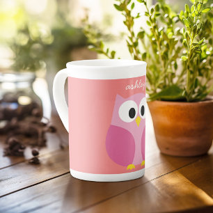 Caneca De Porcelana Coruja de Cartoon Bonita em Rosa e Coral