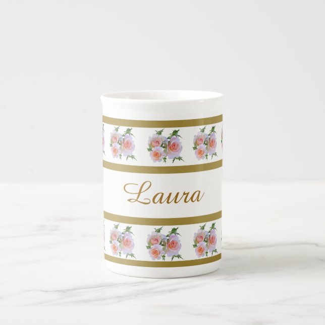 Caneca De Porcelana Country Chic Rosa e Rosas Brancas (Frente)
