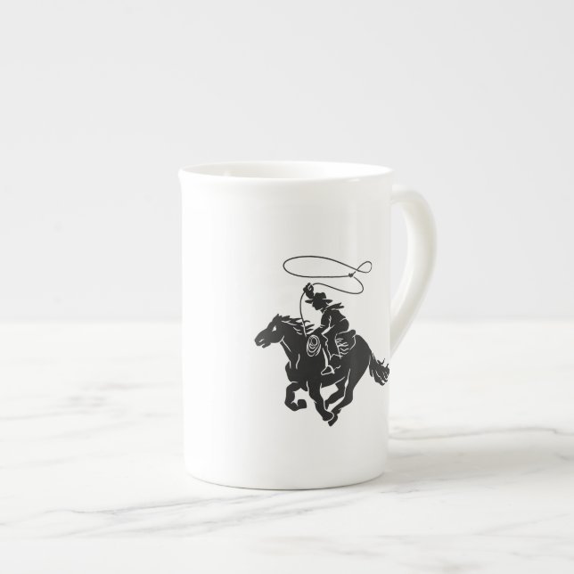 Caneca De Porcelana Cowboy correndo de cavalo com lasso (Frente Esquerda)