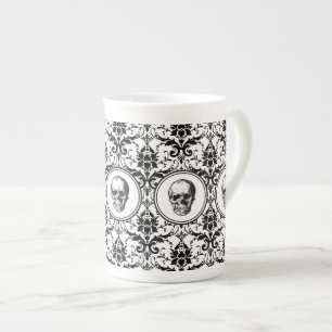 Caneca De Porcelana Crânio Gótico Elegante Preto e Branco