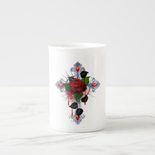 Caneca De Porcelana Cruz de Prata com Rosa vermelha