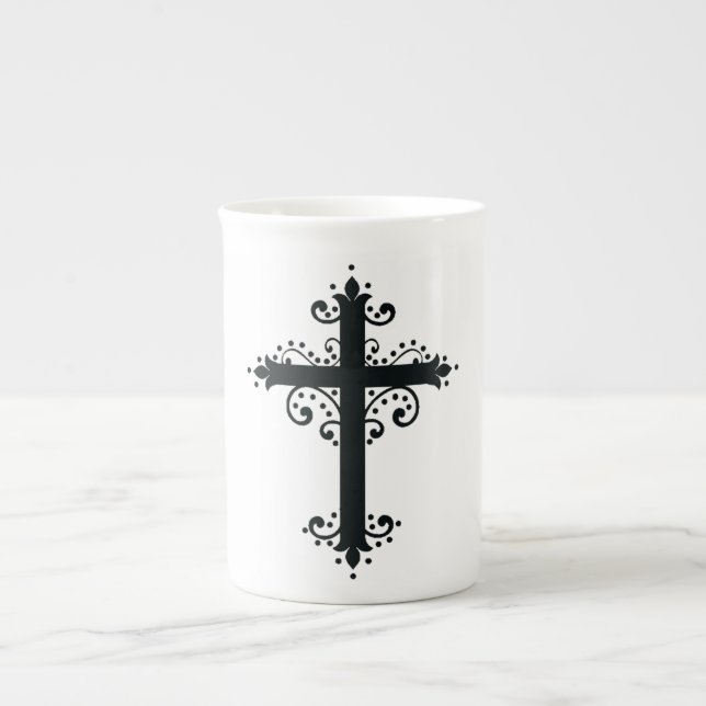 Caneca De Porcelana Cruz Religiosa com um ornamento (Frente)