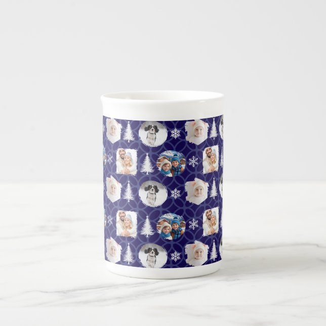 Caneca De Porcelana Custom Multi Photo Collage Dark Blue Christmas (Frente)