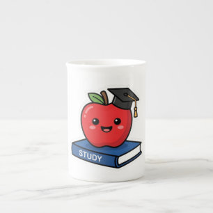 Caneca De Porcelana Cute Kawaii Maçã Vermelha Usando Boina de Graduaçã