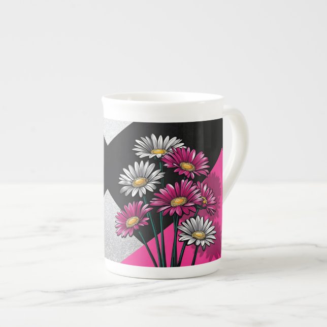 Caneca De Porcelana Daisies in Pink and White  (Frente Esquerda)