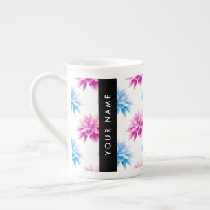 Caneca De Porcelana Dália Rosa e Azul, Padrão Floral, Seu Nome