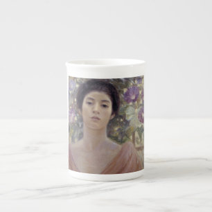 Caneca De Porcelana Dama Japonesa com Flores Roxas de Ipoméia