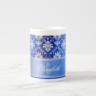 Caneca De Porcelana Damasco azul e branco do monograma
