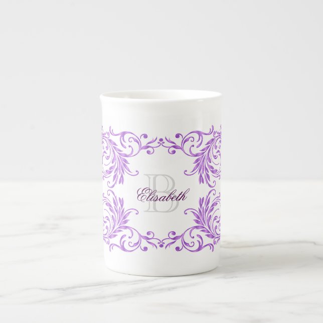 Caneca De Porcelana Damasco da violeta do monograma (Frente)