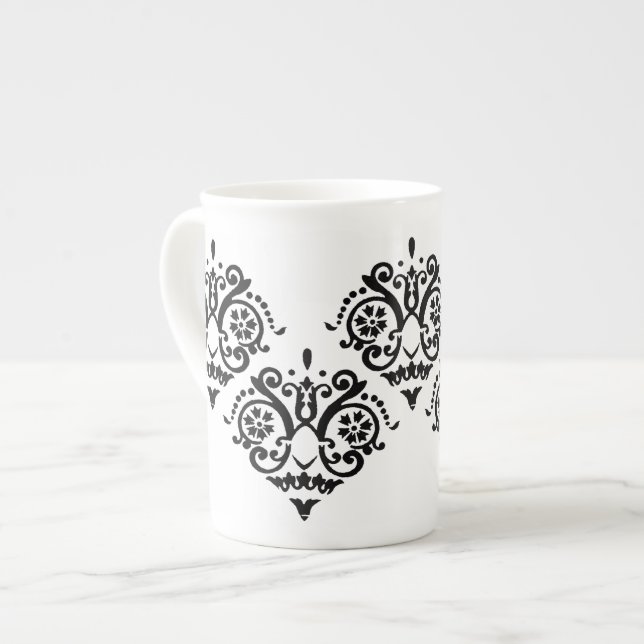 Caneca De Porcelana Damasco Elegante Preto e Branco (Frente Esquerda)