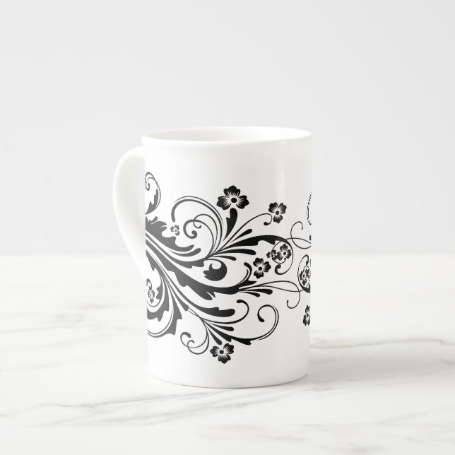 Caneca De Porcelana Damasco Elegante Preto e Branco (Frente Esquerda)