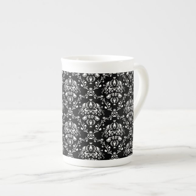 Caneca De Porcelana Damasco preto e branco (Frente Esquerda)