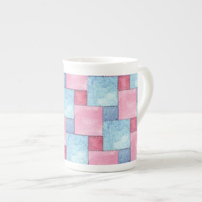 Caneca De Porcelana Denim Patchwork Bone China Mug, Pinks, Blues (Frente Esquerda)