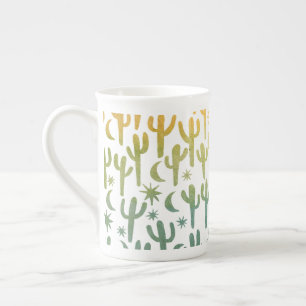 Caneca De Porcelana Deserto Noturno Saguaro Cactus Verde Dourado